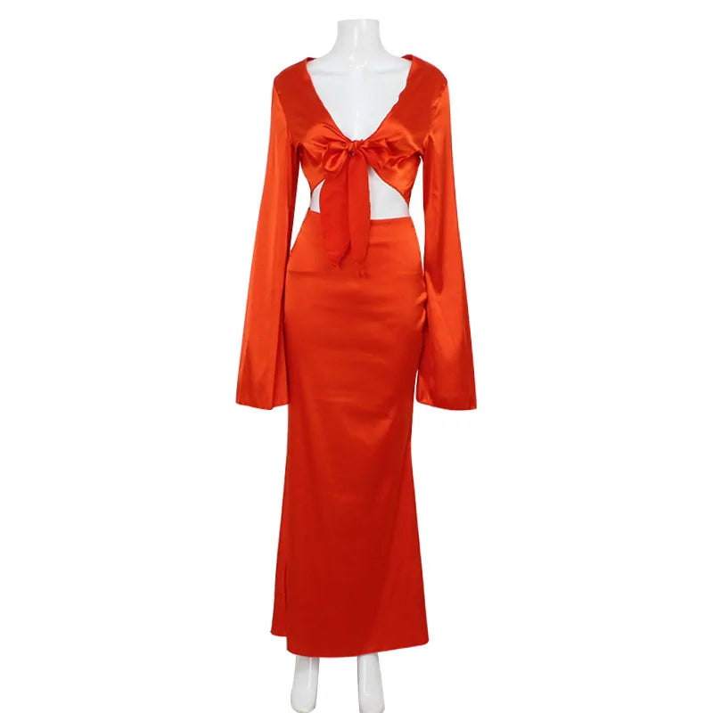 Survêtement à col en V profond pour femmes, manches évasées monochromes, jupes longues Y +, ensembles de olympiques assortis, streetwear sexy, mode féminine, 2 pièces