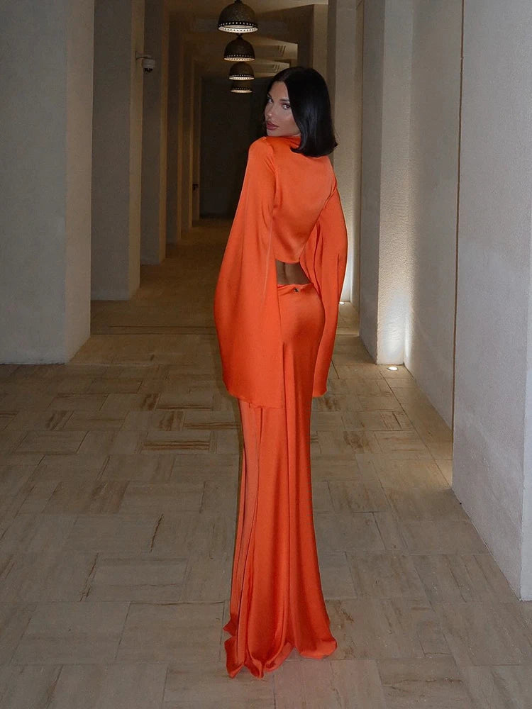 Survêtement à col en V profond pour femmes, manches évasées monochromes, jupes longues Y +, ensembles de olympiques assortis, streetwear sexy, mode féminine, 2 pièces